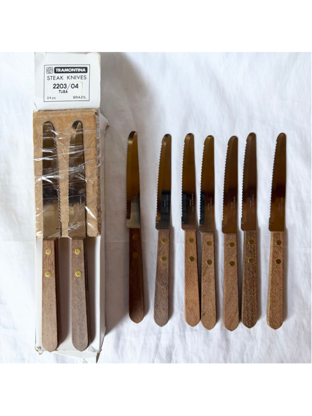 NOS Vintage Tramontina Stainless Steel Serrated Steak Knives Brazil Set Of 9
